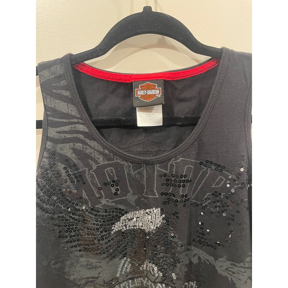 Harley Davidson Frankfurt Germany Tank Top Womens L Black Sequin Eagle - Picture 4 of 8